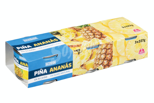 Pisto de verduras con jamón de york y 1 lata de piña en su jugo.